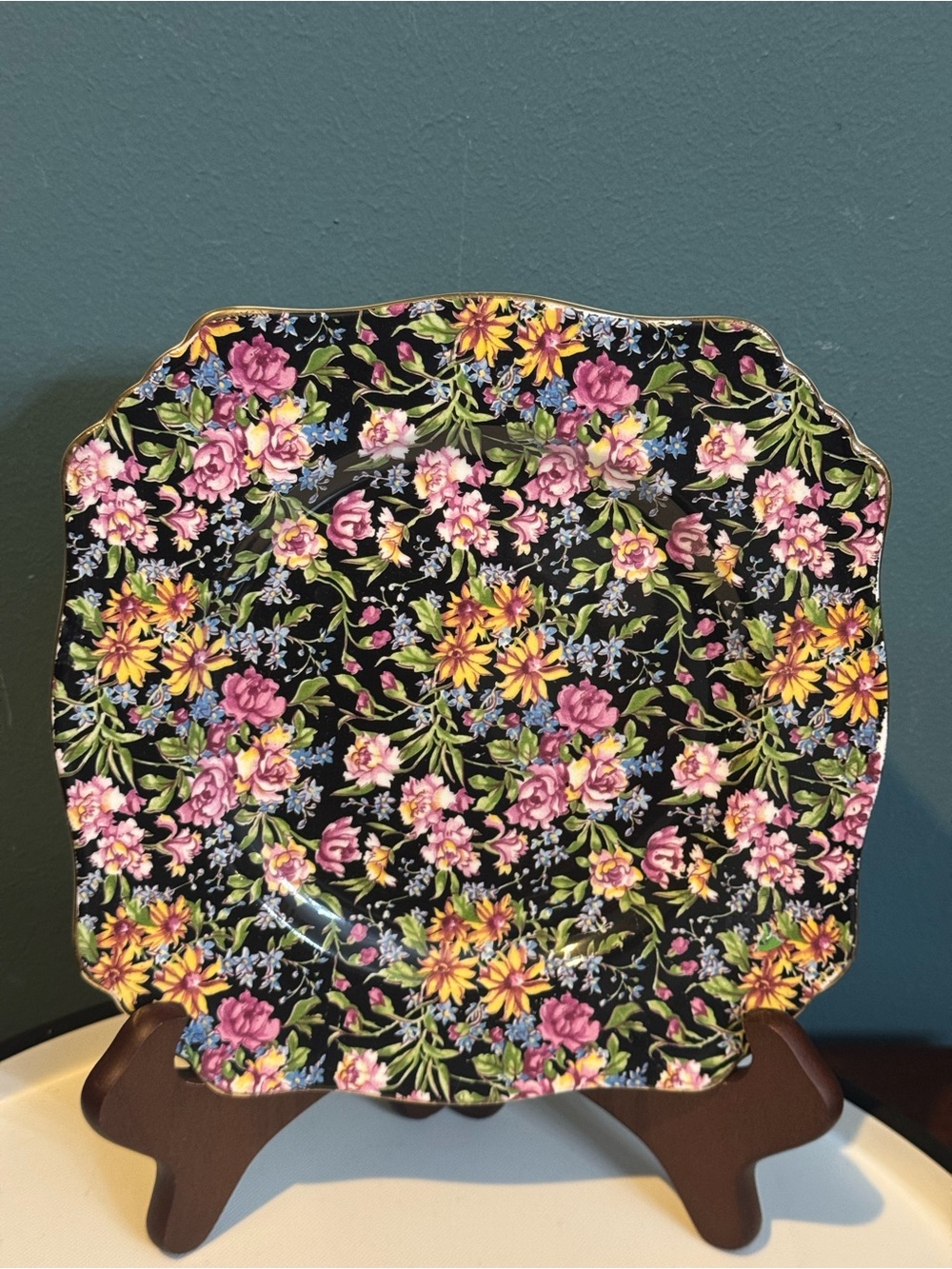 Vintage Royal Winton Nantwich Chintz Luncheon Plate Black Floral England 8.75”